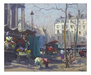 Constantine Kluge, Flower Market in Front of the Madeleine in Paris, Oil on Canvas, 1950s