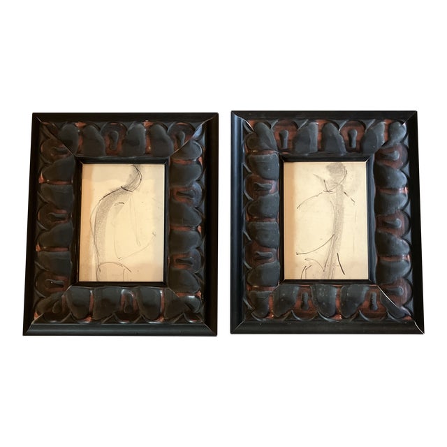 1950 s Original Abstract Charcoal Study Drawings Ornate Frames A Pair