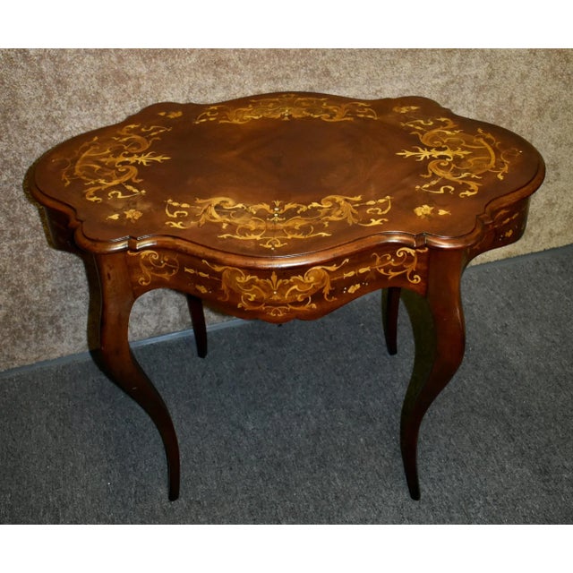 Inlaid Mahogany Table Renaissance Revival Turtle Top Parlor 1900s Victorian For Sale - Image 13 of 13