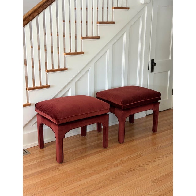 1970s Sculptural Arched Leg Rectangular Red Velvet Ottomans - A Pair For Sale - Image 11 of 12