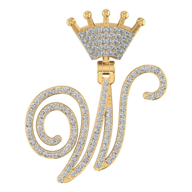 10K Yellow Gold Round Diamond Crown W Letter Initial Pendant 1/4 Cttw For Sale