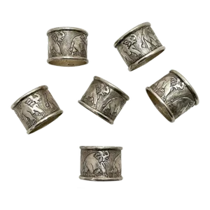 Antique Completely Hand Made - Hand Wrought Sterling Silver Elephant Napkin Rings - Original Set of 6