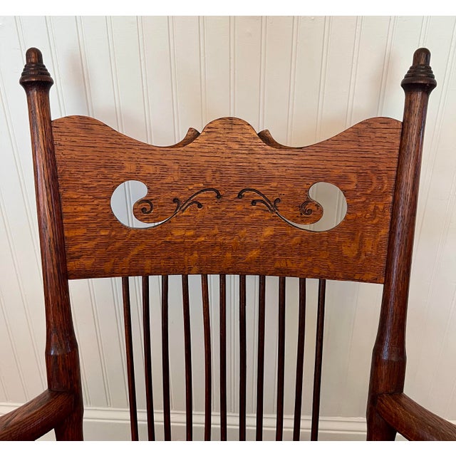 Shabby Chic Antique Turn of the Century Tiger Oak Gooseneck Spindle-Back Swan Neck Rocking Chair For Sale - Image 3 of 10