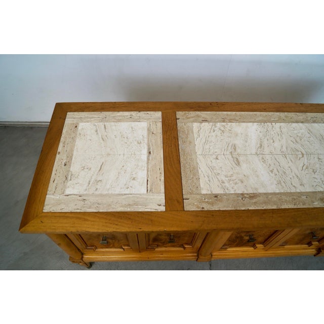 Brown 1960’s Hollywood Regency Burl Wood & Travertine Credenza / Low Console Table For Sale - Image 8 of 12