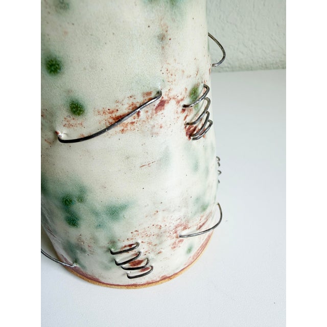Metal Folk Art Wire & Ceramic Vase, Signed For Sale - Image 7 of 10