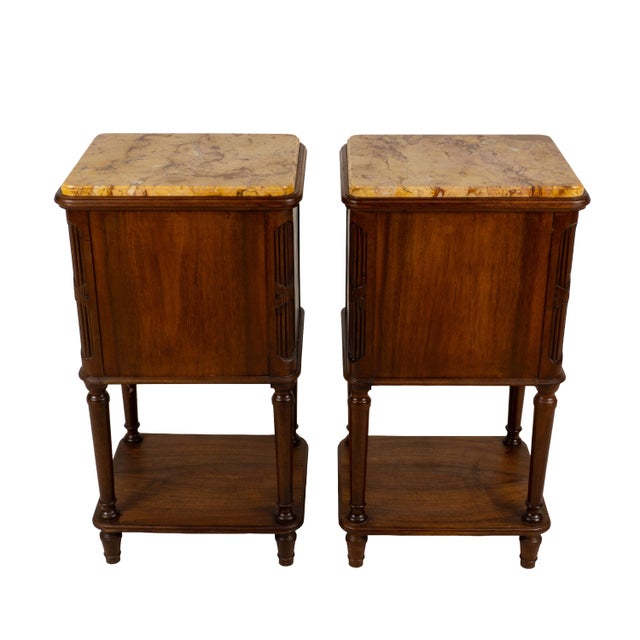 Antique French Louis XVI Style Marble Top Ceramic Lined Nightstands - A Pair For Sale - Image 14 of 18