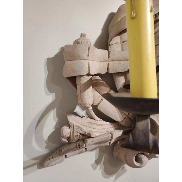 Pair of 19th Century Italian Carved Lime Wood and Wrought Iron "Cat Tail" Wall Sconces For Sale - Image 9 of 12