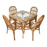 Vintage Franco Albini Style Rattan Card Table and 4 Chair Set For Sale
