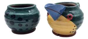 Gillian McMillan Avix Kookaburra Jug and Sugar Bowl Pair Signed Earthenware Studio Pottery 2008