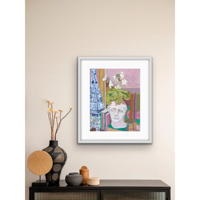 An original unframed contemporary still life painting by Michelle Heimann. A flowering plant inside a sculptural face...
