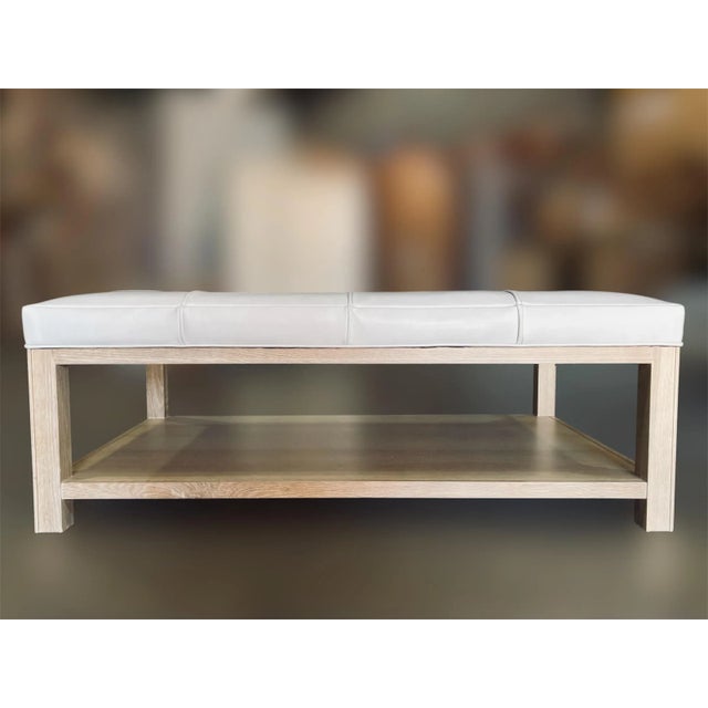 Highland House 1399-48 Franco Cocktail Ottoman With Off-White Tufted Leather Cushion and Lower Oak Shelf For Sale - Image 10 of 18