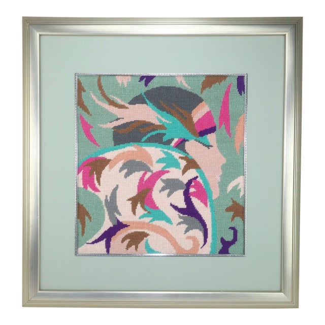 Art Deco Style Needlepoint Pastel Lady Wall Hanging in Manner of Georges Lepape For Sale