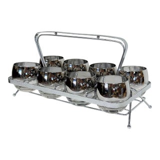 Vintage Dorothy Thorpe Silver Fade Roly Poly Glasses Set of 8 in Caddy For Sale