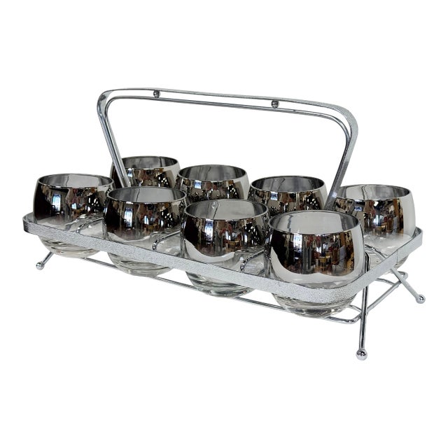 Vintage Dorothy Thorpe Silver Fade Roly Poly Glasses Set of 8 in Caddy For Sale
