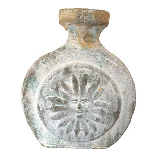 Unglazed Off-White Aztec Sun Pottery Vase For Sale