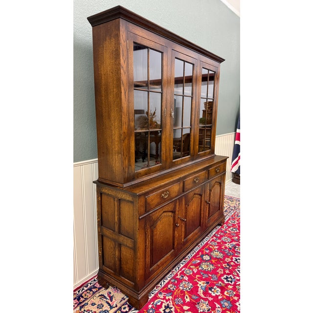 Antique English Large Bookcase Cupboard Cabinet Triple Door Glass Oak C. 1930s For Sale - Image 16 of 18