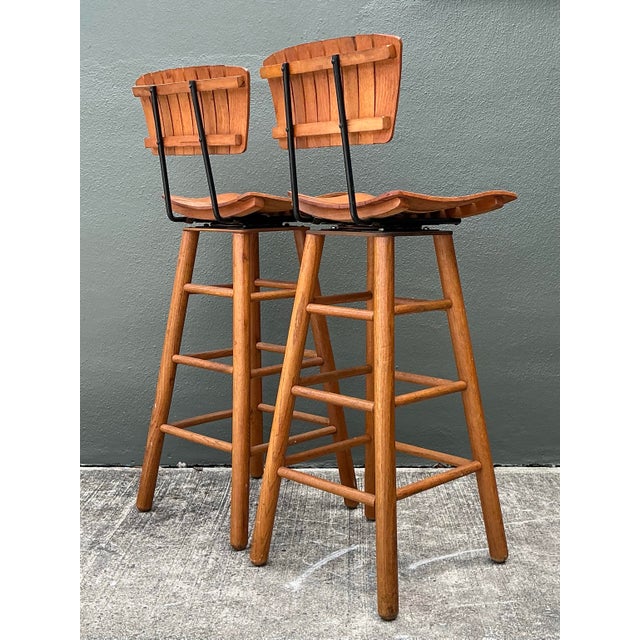 Vintage MCM Slat Swivel Bar Stools After Arthur Umanoff For Sale - Image 9 of 12