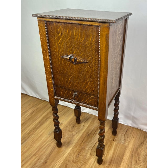 Antique Tiger Oak Cigar Humidor & Smoking Cabinet With Barley Twist Legs For Sale In Portland, OR - Image 6 of 12