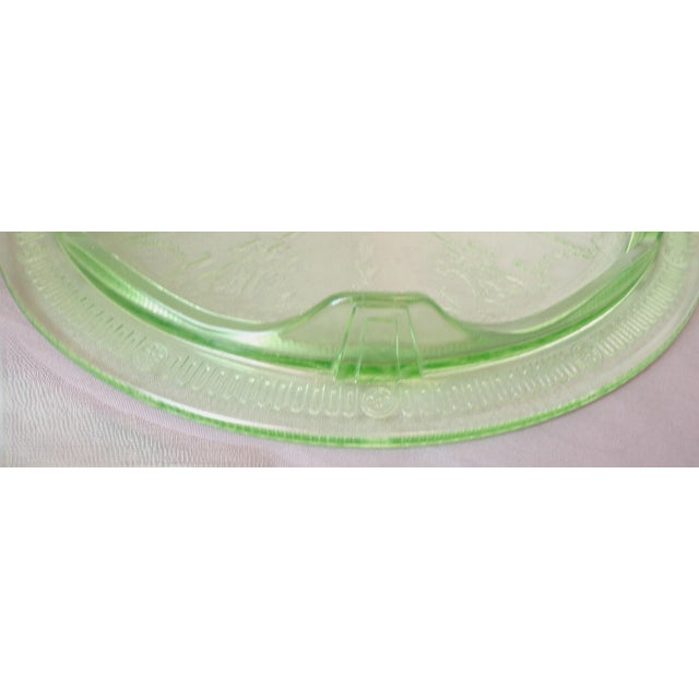 Anchor Hocking 1930s Green Anchor Hocking Embossed Floral Vasoline Depression Cameo Cake Plate (Glows)) For Sale - Image 4 of 6