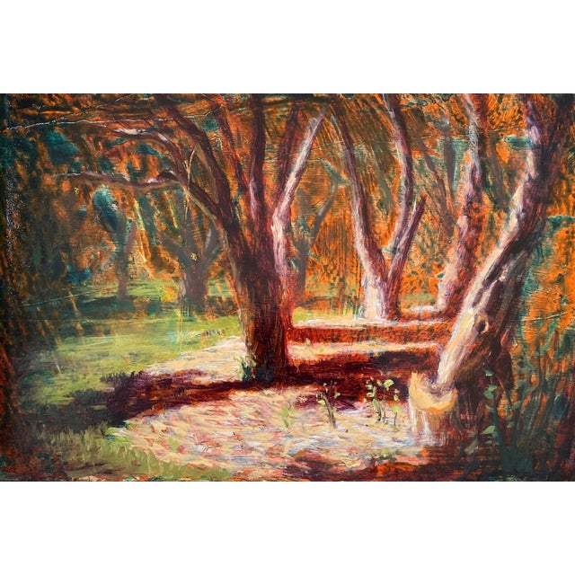 In "Circle of Trees," a serene grove of trees emerges from a warm palette of rich oranges and earthy greens, evoking a...