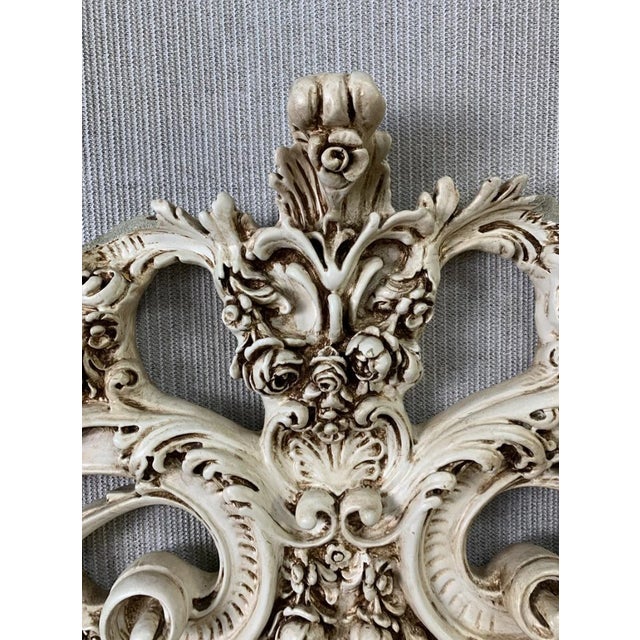 French Vintage French Rococo Louis XVI Style Cream Ornate Queen Headboard W Velvet For Sale - Image 3 of 3