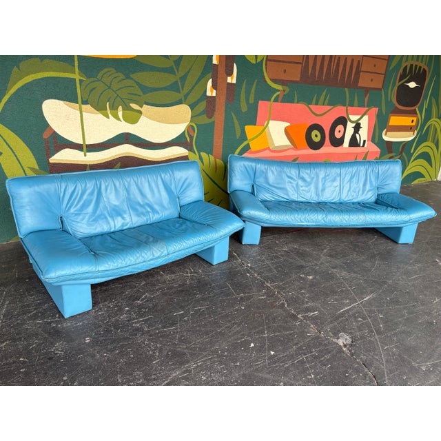 Vintage Postmodern Italian Nicoletti Attrb Blue Leather Loveseat For Sale - Image 4 of 12