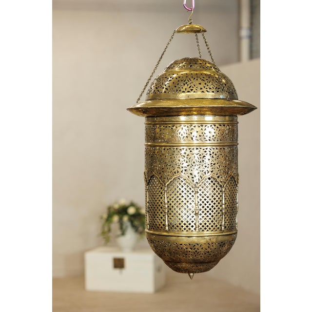 Vintage Indian Brass Hanging Lantern with Pierced Floral and Lattice Motifs For Sale - Image 10 of 18