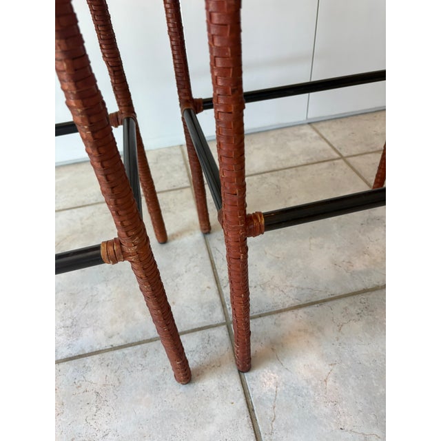 McGuire Vintage Woven Saddle Leather Bar Stools - A Pair For Sale - Image 4 of 13