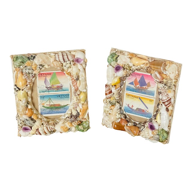 Pair of Sea Shell Encrusted Photo Frames Sailors Valentines For Sale