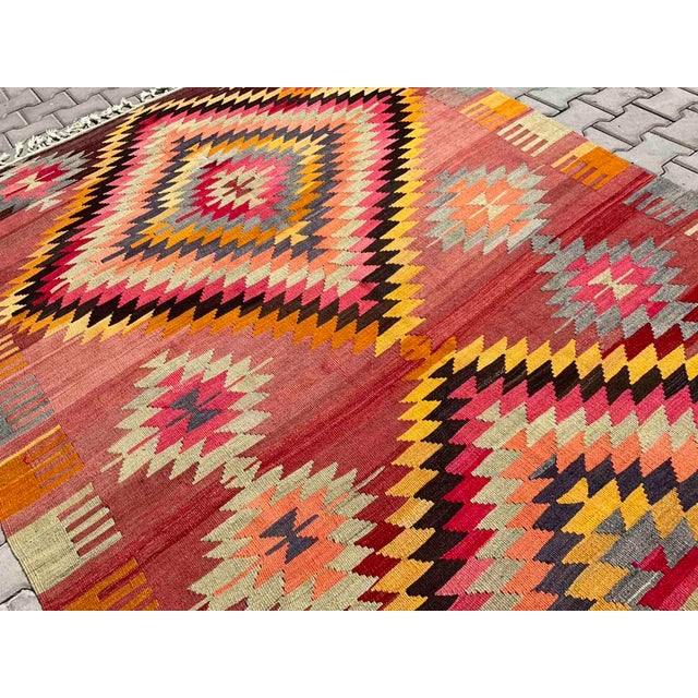 Red Gorgeous Vintage Turkish Kilim Rug - 74" X 133" For Sale - Image 8 of 11