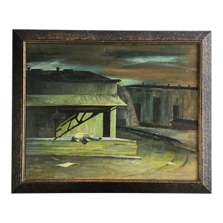 Vintage Wpa Style Nocturne Industrial Landscape With Sleeping Figure, Signed (Oil on Board) For Sale