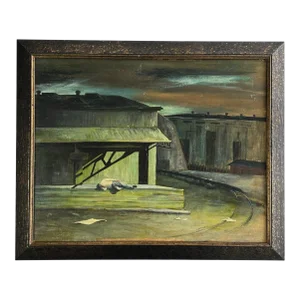Vintage Wpa Style Nocturne Industrial Landscape With Sleeping Figure, Signed (Oil on Board)