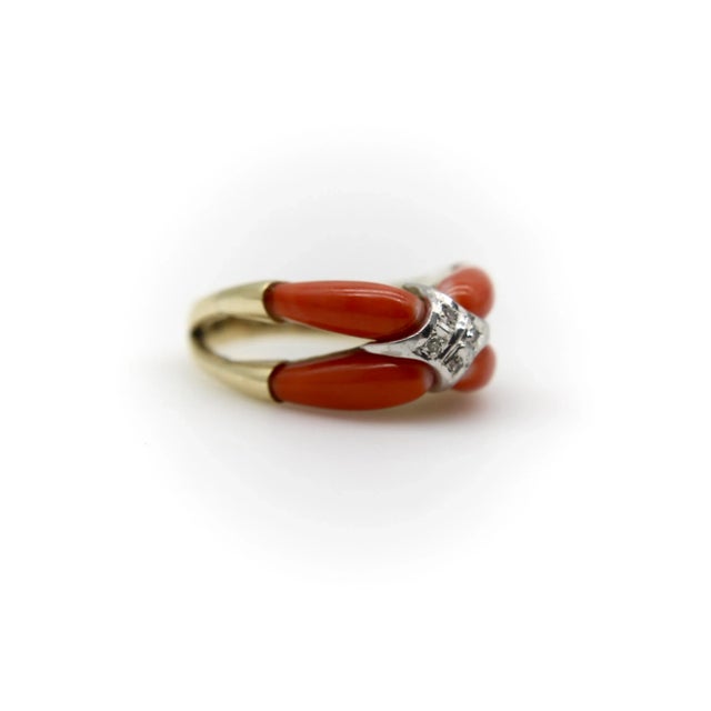 Metal 1960s 14k Gold Coral and Diamond Modernist Ring Size 7.75 For Sale - Image 7 of 10