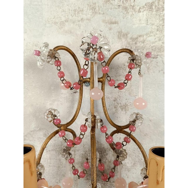 Gilded Sconces with Peachy Pink Opaline Cups, Crystal Beaded and Murano Drops, 1950s, Set of 2 For Sale - Image 9 of 18