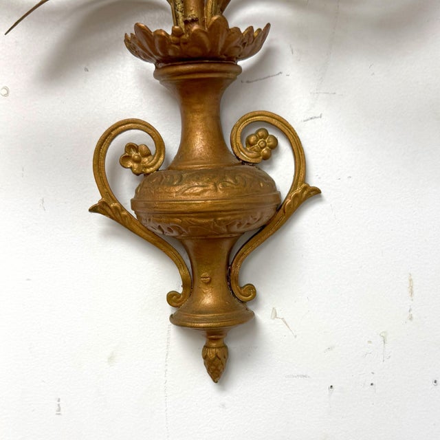 Late 19th Century Pair of Late 19th Century French Gilt Metal and Opaline Glass Five-Light Floral Candle Sconces For Sale - Image 5 of 12