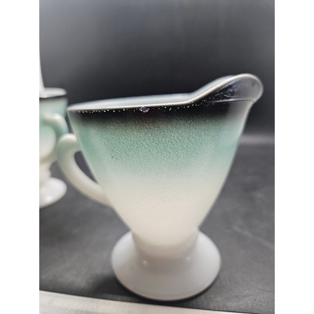 Mid-Century Modern Vintage Hazel Atlas Turquoise Ombre Creamer and Sugar Bowl Set in the Ovide Pattern Made of Platonite Milk Glass For Sale - Image 3 of 6