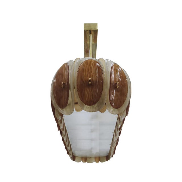 Italian Midmodern Style Pendant Lamp in Brass with Brown and Beige Murano Glass Shade For Sale - Image 4 of 14