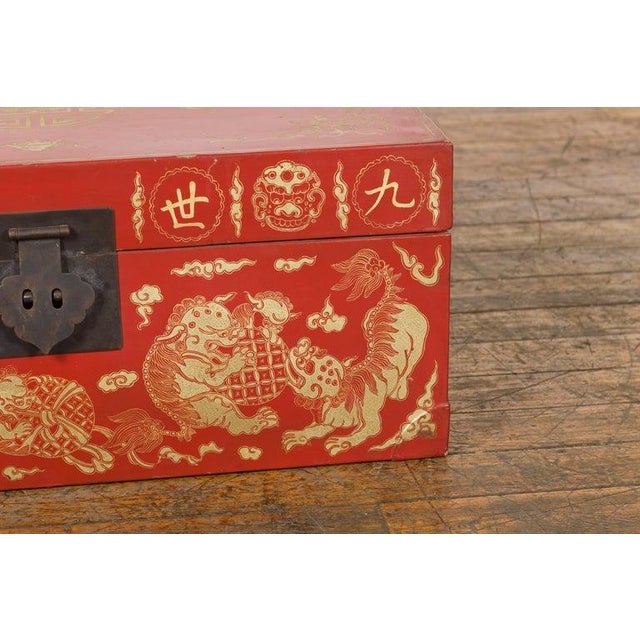 Chinese Red Lacquered Blanket Chest with Gilt Motifs & Guardian Lions For Sale - Image 9 of 12