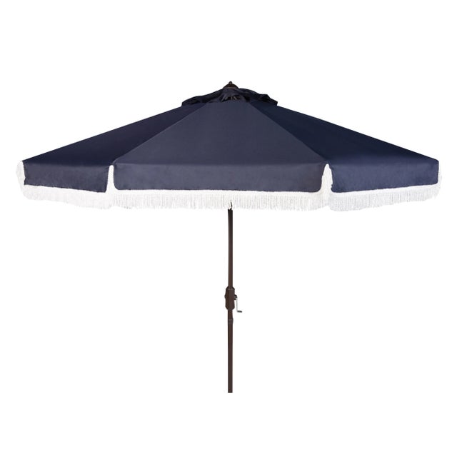 Fringe 9 Ft Crank Outdoor Push Button Tilt Umbrella in Navy & White For Sale - Image 4 of 4