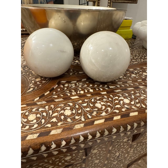 White Marble Spheres, Pair For Sale - Image 4 of 4
