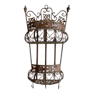 Vintage Wall Basket With Scrolling Details and Three Hooks For Sale