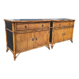 Pair of Vintage Baker Furniture Bamboo Rattan Nightstands Black Lacquer Cabinets For Sale