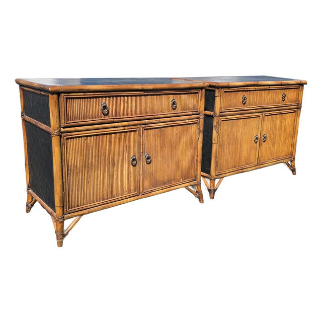 Pair of Vintage Baker Furniture Bamboo Rattan Nightstands Black Lacquer Cabinets For Sale