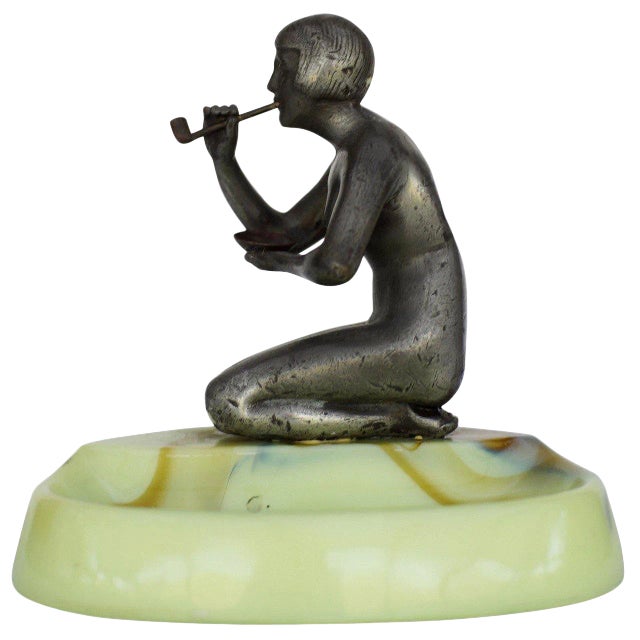 1930s Nude Art Deco Smoking Flapper Slag Glass Ashtray by Houzex For Sale