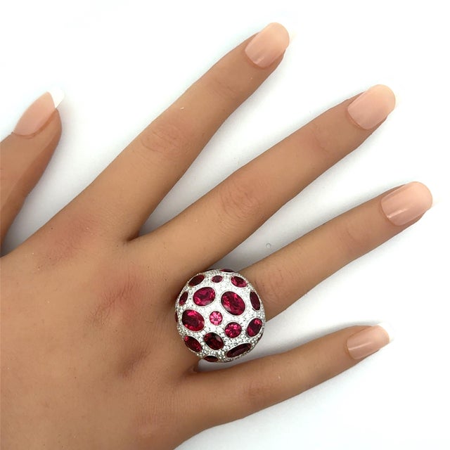 Red Rubellite Tourmaline Diamond 18k White Gold Dome Cocktail Ring, Size 6.75 For Sale - Image 8 of 8