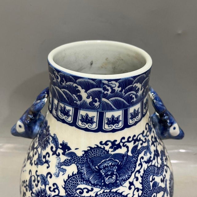 Mid 20th Century Blue and White Porcelain Deer-Head Handle Vase, Dragon & Interlocking Lotus Hu Vase For Sale - Image 4 of 8