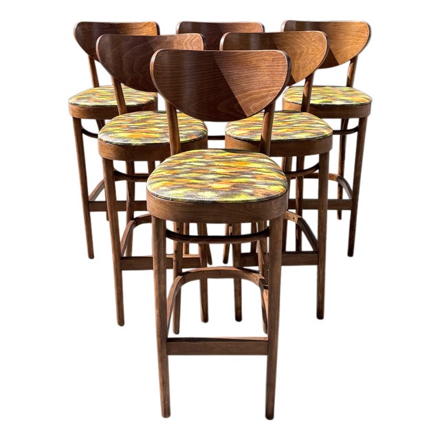 Set of 6 Vintage Mid-Century Bentwood Walnut-Finish Bar Stools, C. 1960s–70s For Sale