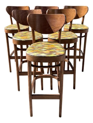Set of 6 Vintage Mid-Century Bentwood Walnut-Finish Bar Stools, C. 1960s–70s