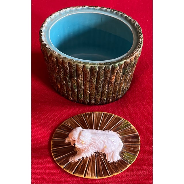 Antique 19th century George Jones English majolica oval desk box. The bamboo faux bois box with bright turquoise interior....