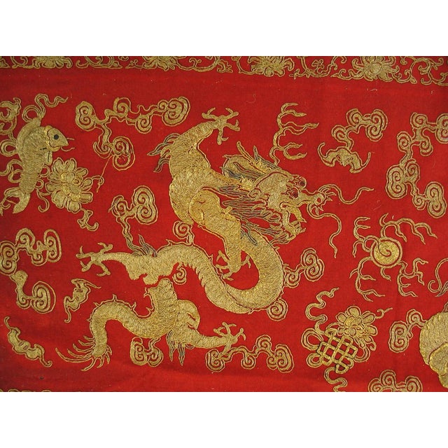 1870s Red Antique Chinese Silk & Gold Thread Embroidery Rug 5'5" X 5'6" Flatweave Carpet For Sale - Image 4 of 6